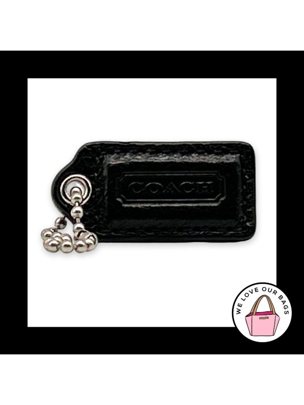 COACH HANG TAG 1.5" Black Polished Leather Bag Charm Keychain Fob Nickel Small